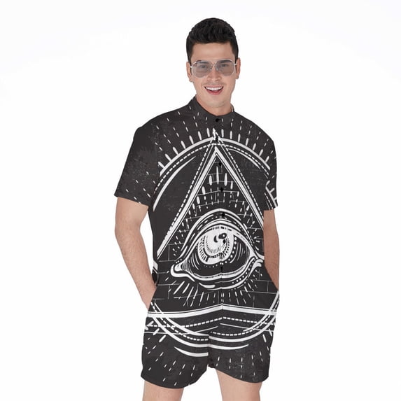 Black And White Eye Of Providence Short Sleeve Men'S Rompers, God The All-Seeing Eye Casual Summer Jumpsuits Outfit