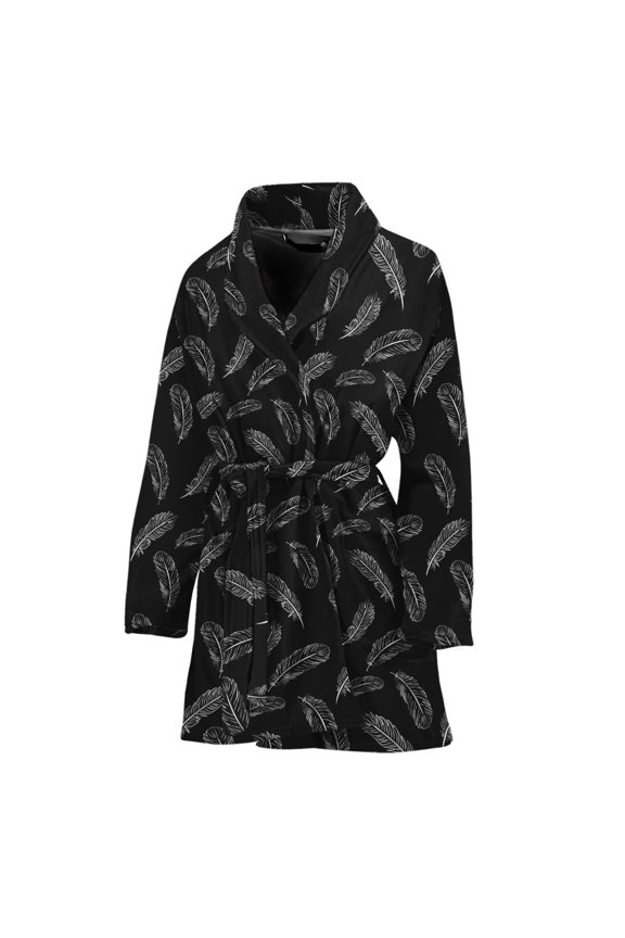 Black And White Feather Pattern Women Bathrobe One Size Univeral Fits Fashion Lightweight Plush Fleece Long Robe For Women