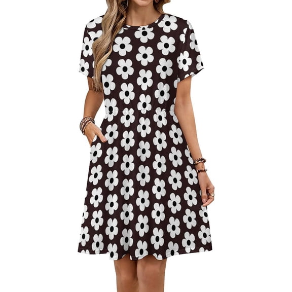 Black And White Floral Design Dress Summer Street Style Dresses Female Short Sleeve Printed Sundress