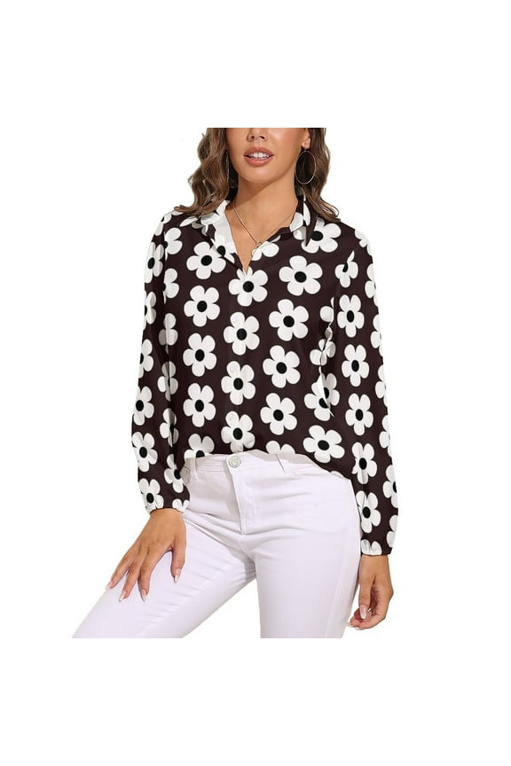 Black And White Floral Design Long Sleeve Blouse Woman Streetwear Casual Shirts Summer Oversize Woman Streetwear Clothing Birthday Present