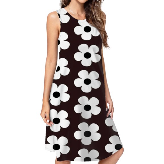 Black And White Floral Design Spring Summer Dresses For Women Fashion Dress Casual Sleeveless Loose Sundress With Pockets
