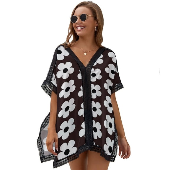 Black And White Floral Design Women's Swimsuit Coverup Summer Beach Cover Up Bathing Suit Dress