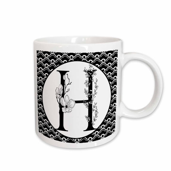 3drose, Black and White Floral Monogram H on Fancy Scallops, 11oz Mug