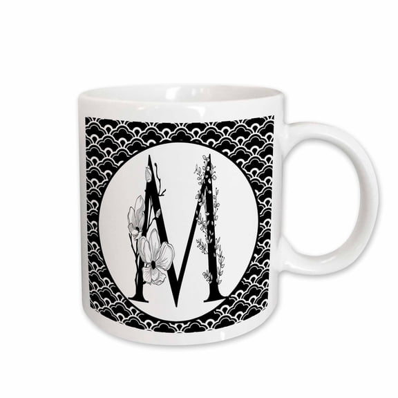 3drose, Black and White Floral Monogram M on Fancy Scallops, 11oz Mug
