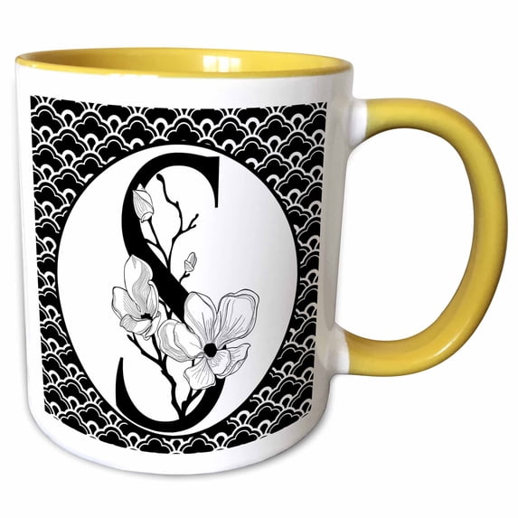 3drose, Black and White Floral Monogram S on Fancy Scallops, 15oz Two-tone Yellow Mug