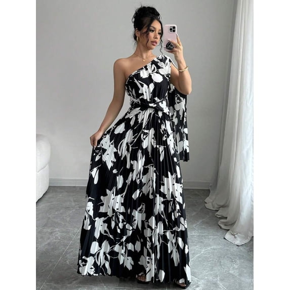 Black And White Floral One-Shoulder Pleated Maxi Dress With Puff Sleeve