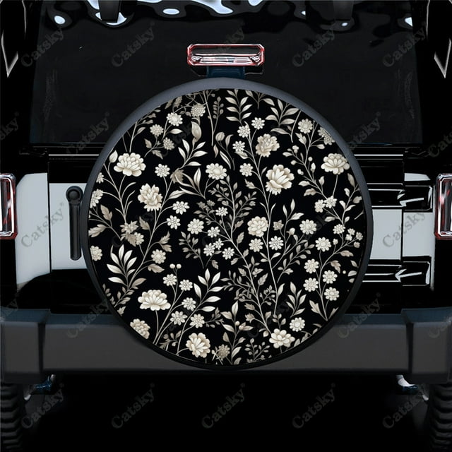 Black And White Floral Pattern Polyester Universal Spare Wheel Tire