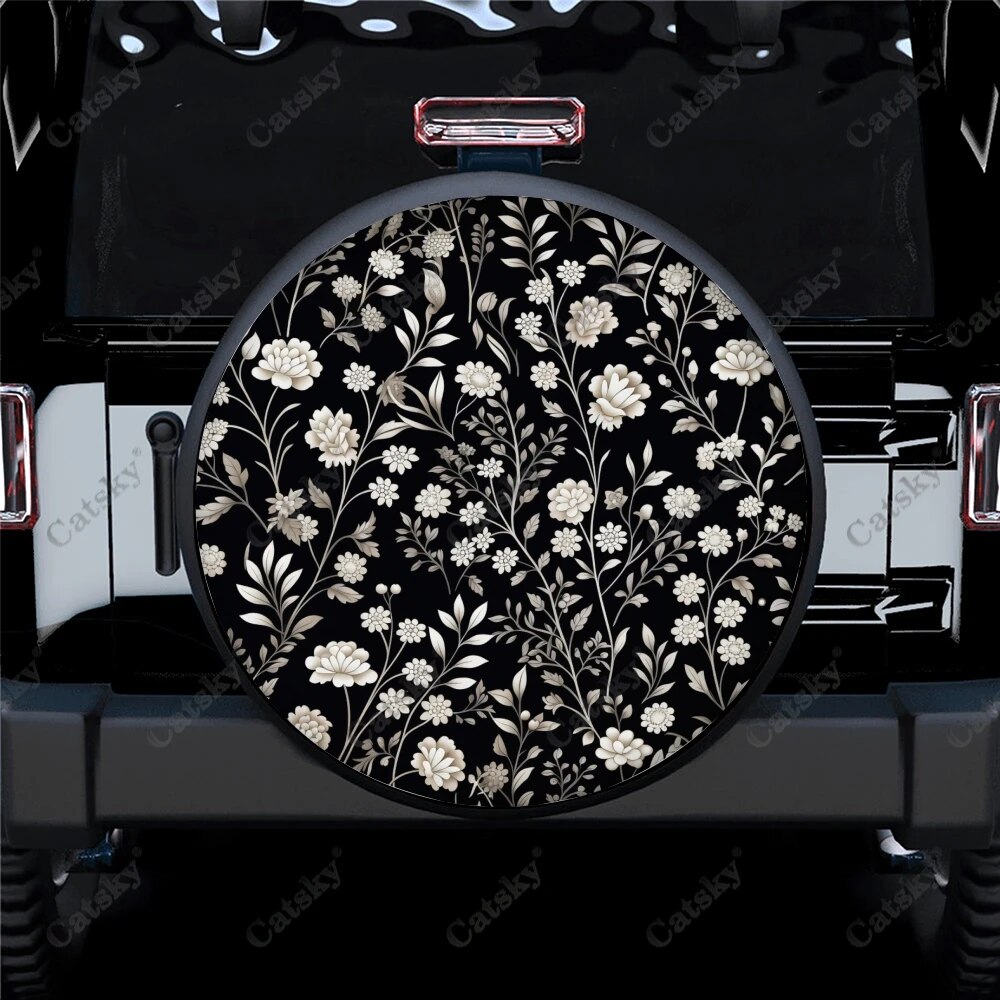 Black And White Floral Pattern Polyester Universal Spare Wheel Tire