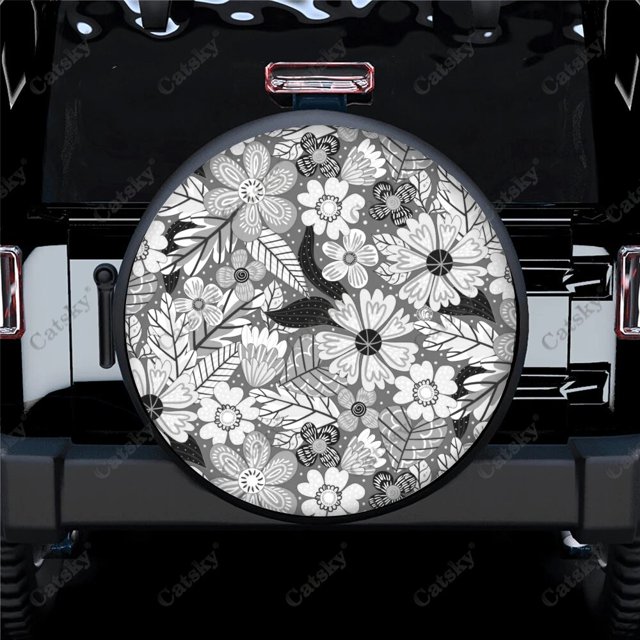 Black And White Floral Pattern Polyester Universal Spare Wheel Tire