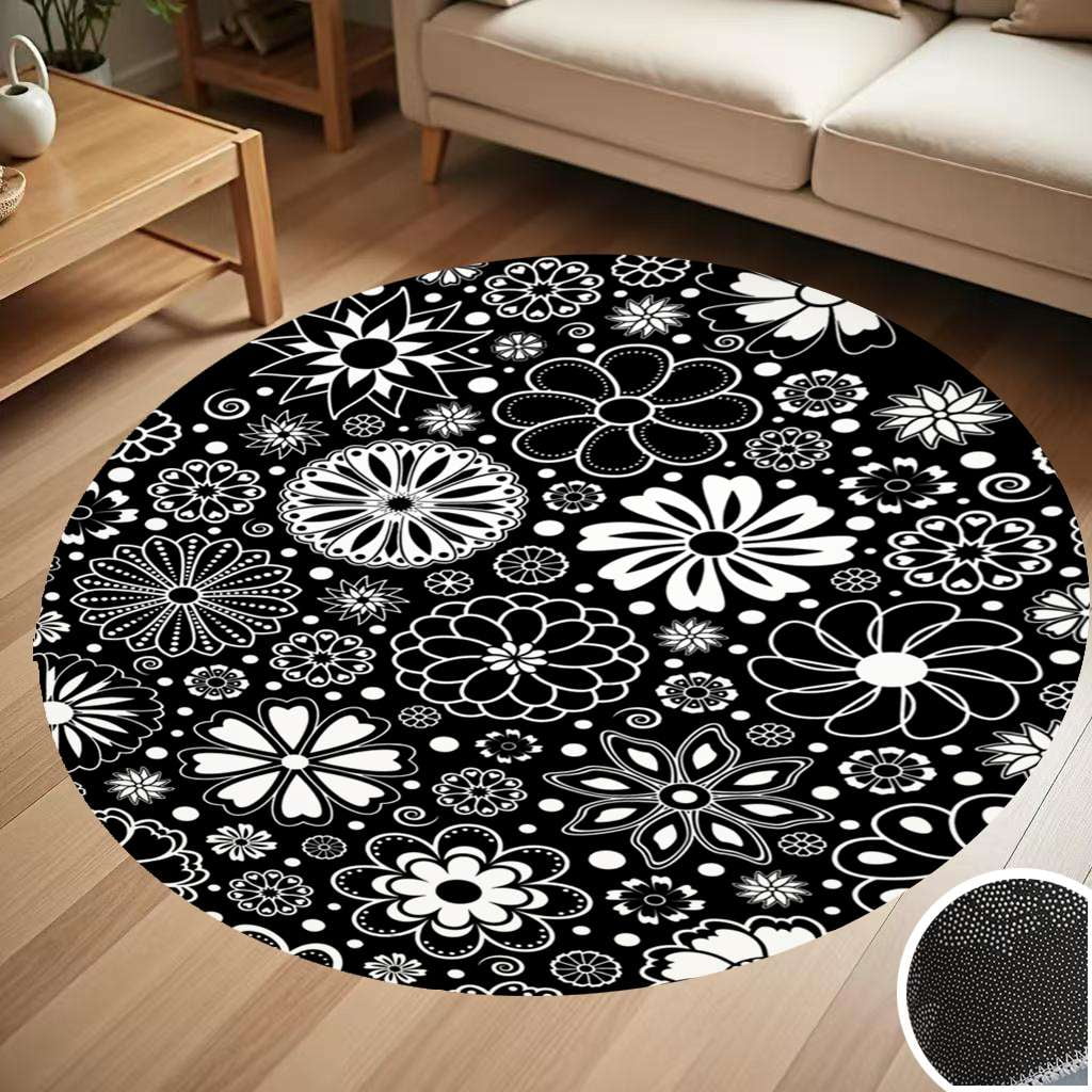 Black And White Floral Print Cute Flowers Round Carpet Living Room ...