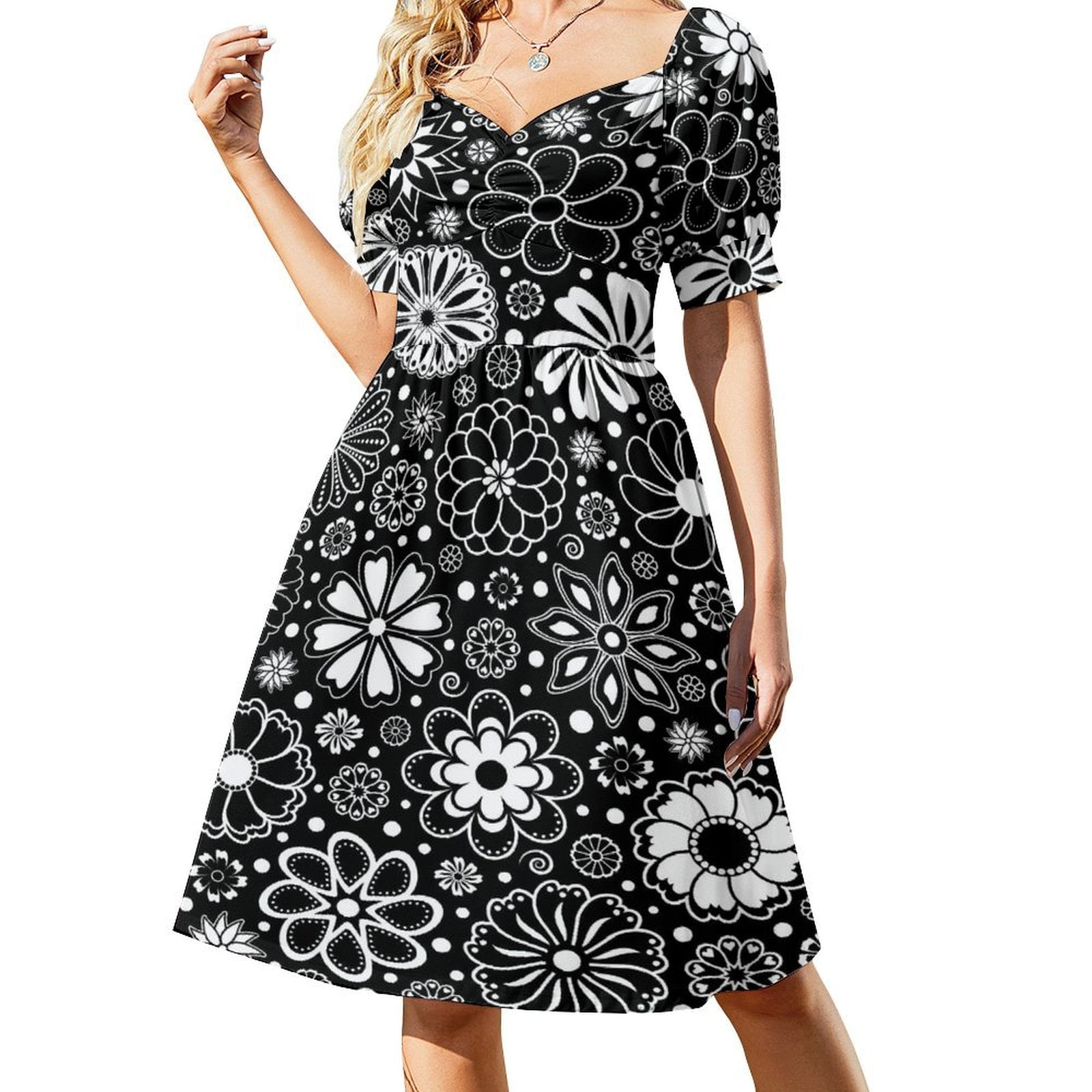 Black And White Floral Print Cute Flowers Short Sleeve Dress Clothes ...