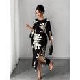 thumbnail image 1 of Black And White Floral Print Maxi Dress With Slit Cuff Sleeve Elegant Fitted Commuter Party Dress, 1 of 7