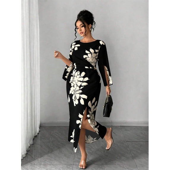 Black And White Floral Print Maxi Dress With Slit Cuff Sleeve Elegant Fitted Commuter Party Dress