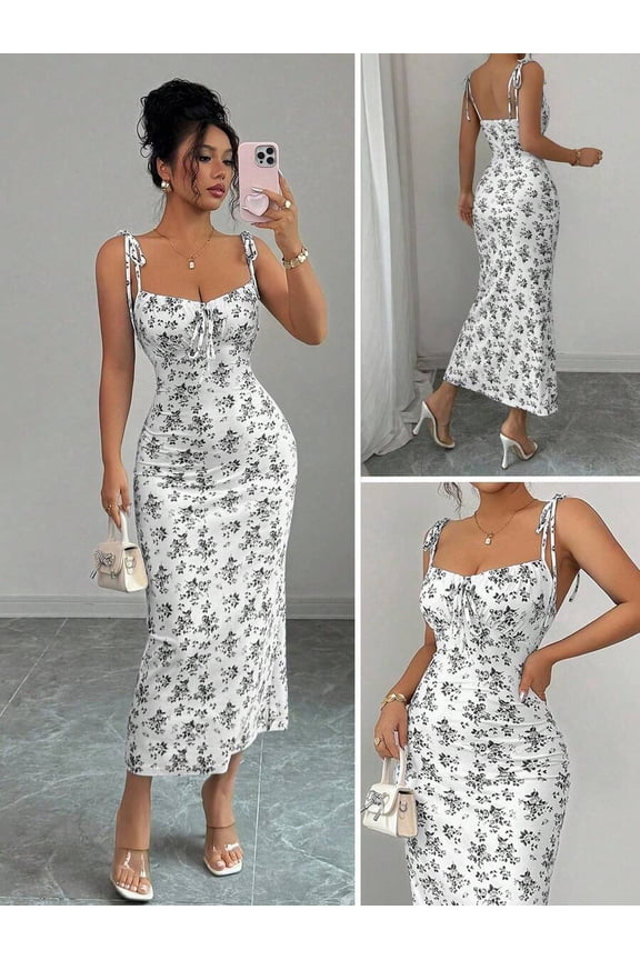 Black And White Floral Print Satin Midi Dress With Tie Shoulder Straps And Ruched Bust
