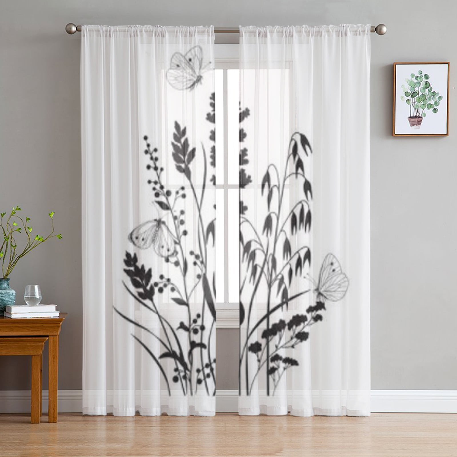 Black And White Flowers Tulle Curtains for Living Room Bedroom Modern
