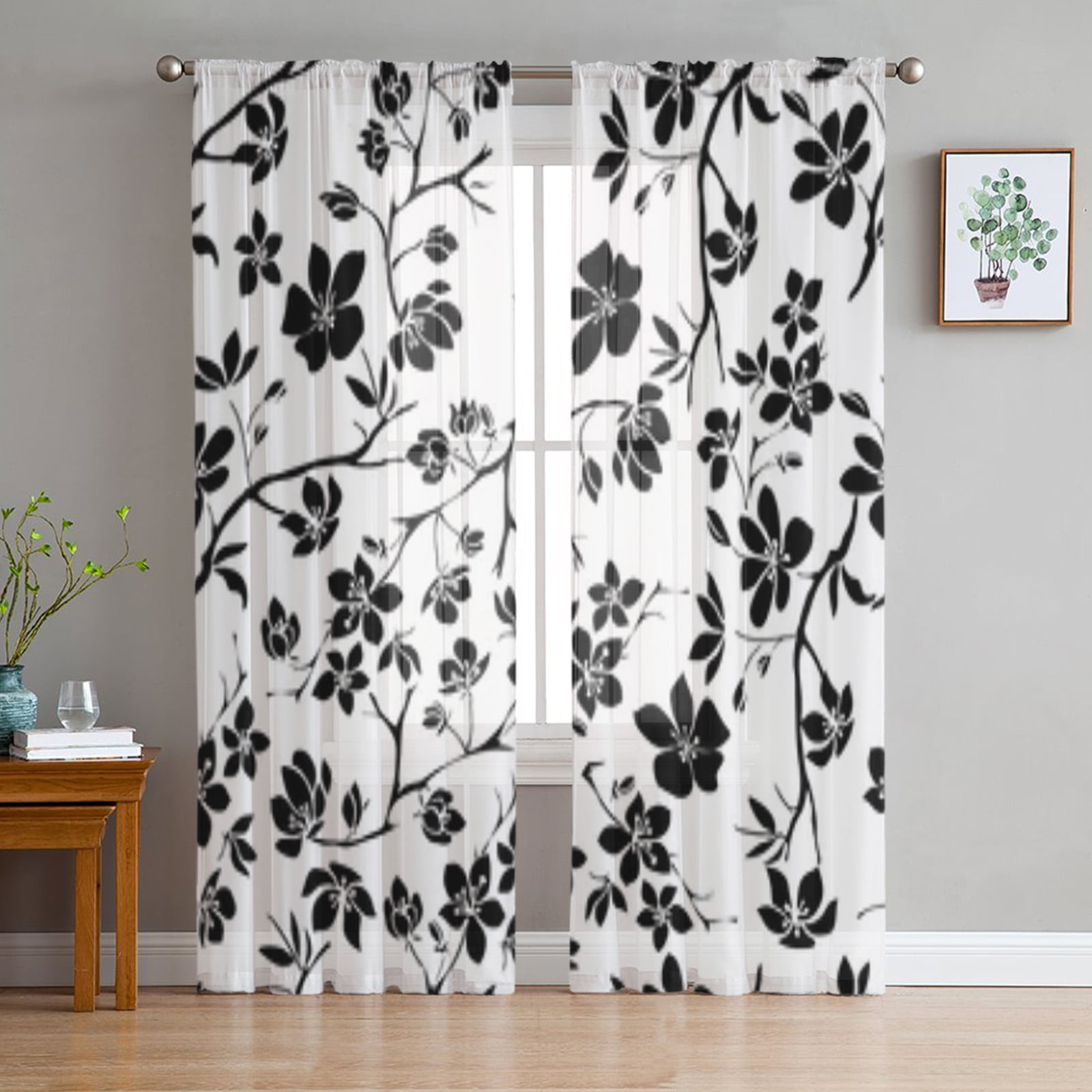 Black And White Flowers Tulle Curtains for Living Room Bedroom Modern