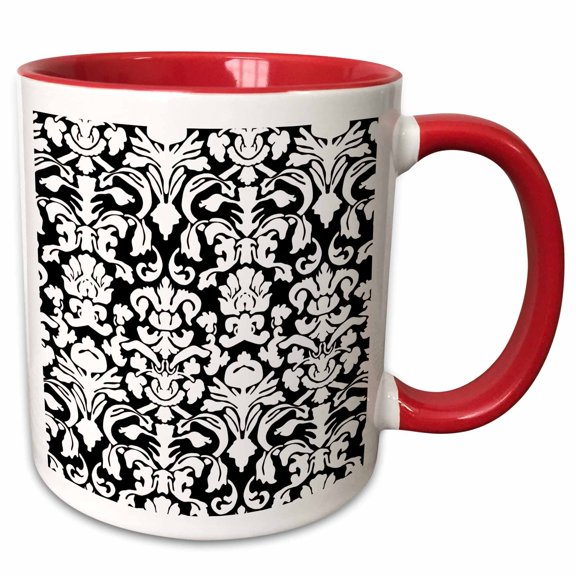 3drose, Black and White French Floral Fancy Damask Pattern - Classic Classy Elegant and Stylish, 11oz Two-tone Red Mug