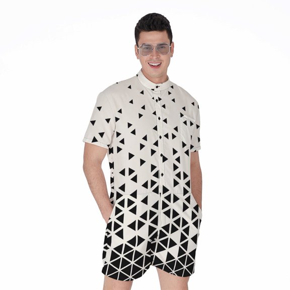Black And White Geometric Pattern Short Sleeve Men'S Rompers Casual Summer Jumpsuits Outfit