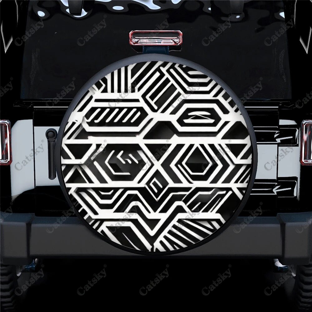Black And White Geometric Patterns Polyester Universal Spare Wheel Tire