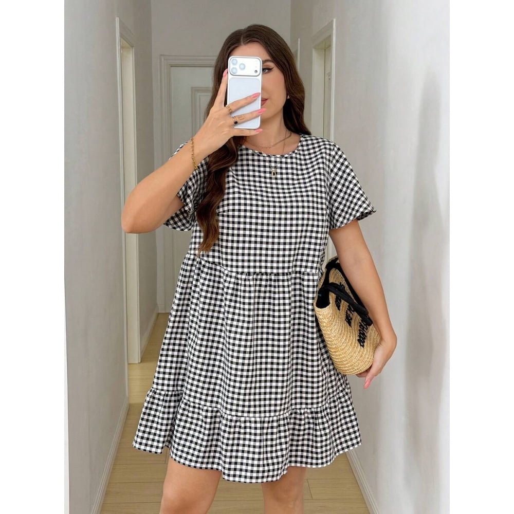 Black And White Gingham Plus Size Round Neck Ruffle Sleeve Drop Waist ...