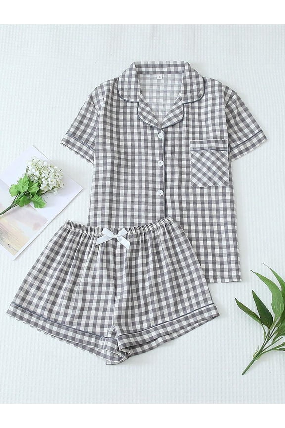 Black And White Gingham Print Womens Pajama Set: Short Sleeve Collared Top With Button Front & Elastic Waist Shorts