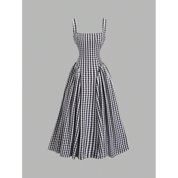 Black And White Gingham Square Neck Fit & Flare Midi Dress