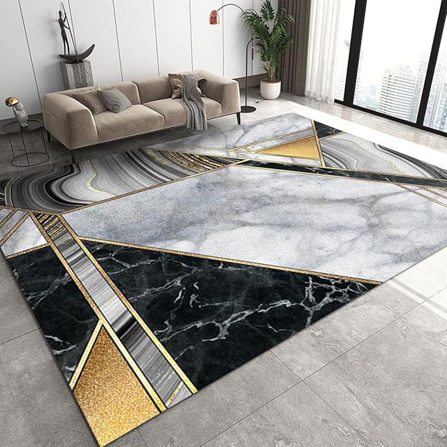 Black And White Gold Marble Area Rug For Bedroom, Luxury Geometric Gold