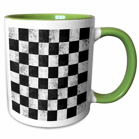 3drose, Black and White Grunge Checkerboard Squares Pattern, 11oz Two-tone Green Mug
