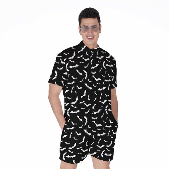 Black And White Halloween Bat Short Sleeve Men'S Rompers, Halloween Decorative Casual Summer Jumpsuits Outfit