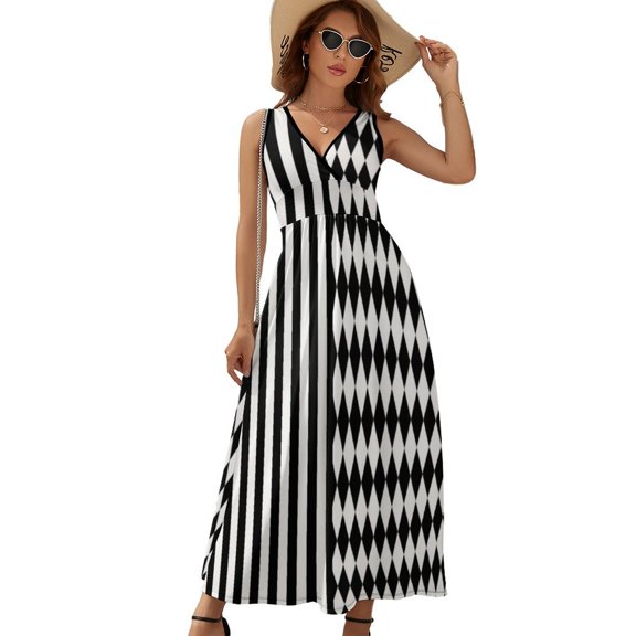 Black And White Harlequin Diamonds And Stripes Dress Summer Street Style Bohemia Long Dresses Female Sleeveless Printed Maxi Dress