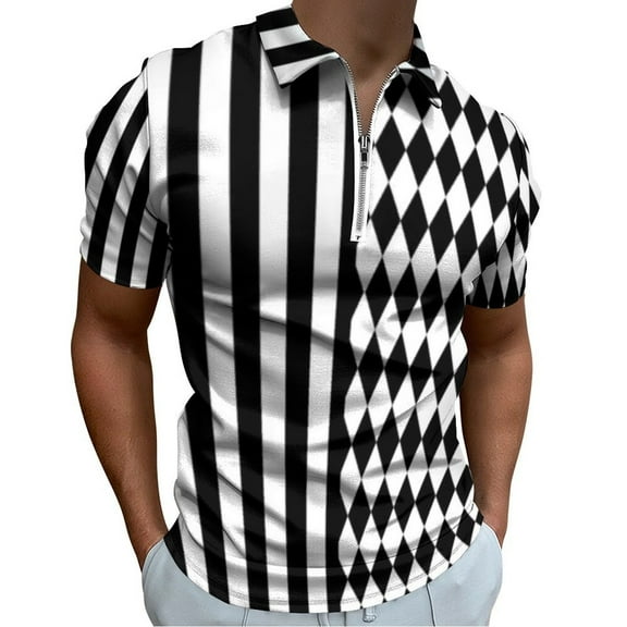 Black And White Harlequin Diamonds And Stripes Men Zipper T-shirt Summer Casual Short Sleeve T-shirt Top