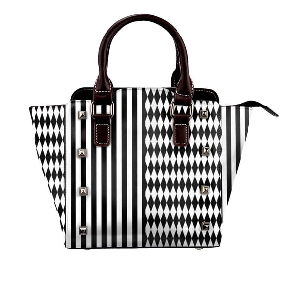 Black And White Harlequin Diamonds And Stripes Rivet Fashion One-Shoulder Women's Handbag Tote Bag