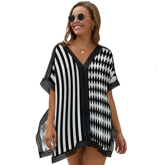 Black And White Harlequin Diamonds And Stripes Women's Swimsuit Coverup Summer Beach Cover Up Bathing Suit Dress