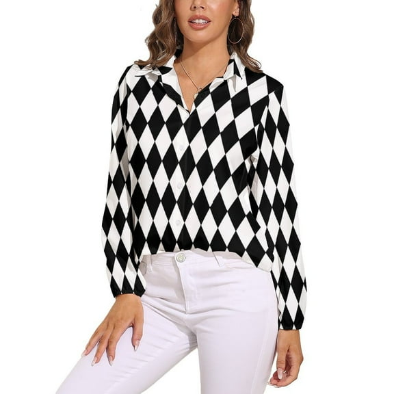 Black And White Harlequin Long Sleeve Blouse Woman Streetwear Casual Shirts Summer Oversize Woman Streetwear Clothing Birthday Present