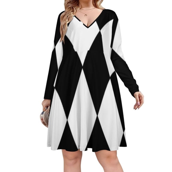 Black And White Harlequin Long Sleeve Dresses For Women Vintage Elegant Party Dress Oversized V-neck Dress S-8XL