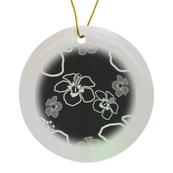 3drose, Black and White Hawaiian Floral Pattern of Hibiscus Flowers., Circle Porcelain Ornament