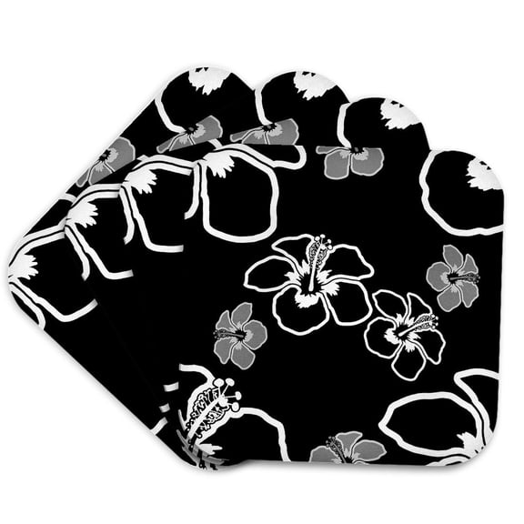3drose, Black and White Hawaiian Floral Pattern of Hibiscus Flowers., Set of 4 Coasters - Soft