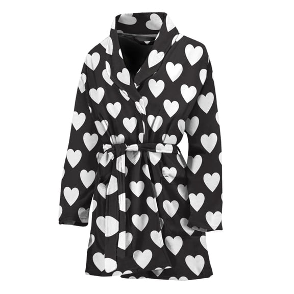 Black And White Heart Pattern Women Bathrobe One Size Univeral Fits Fashion Lightweight Plush Fleece Long Robe For Women