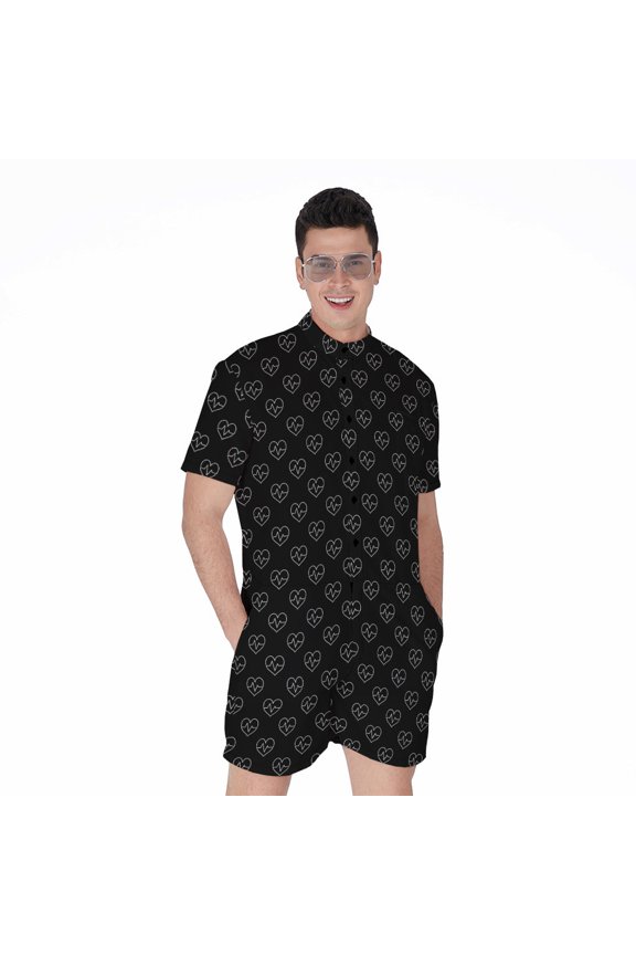 Black And White Heartbeat Pattern Short Sleeve Men'S Rompers Casual Summer Jumpsuits Outfit