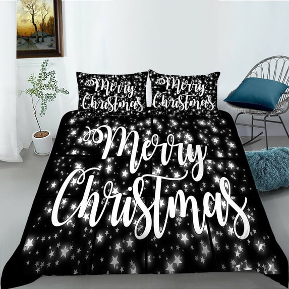 Black And White Home Bed Clothes Star Painting Bedding Sets Children Merry Christmas Quilt Cover,Queen (90"x90")