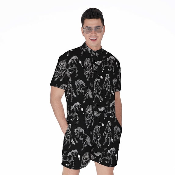 Black And White Horse Pattern Short Sleeve Men'S Rompers, Horse Lover Casual Summer Jumpsuits Outfit
