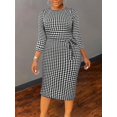 thumbnail image 1 of Black And White Houndstooth Print Fitted Midi Dress With Self-Tie Waist, Elegant Plus Size, 1 of 4