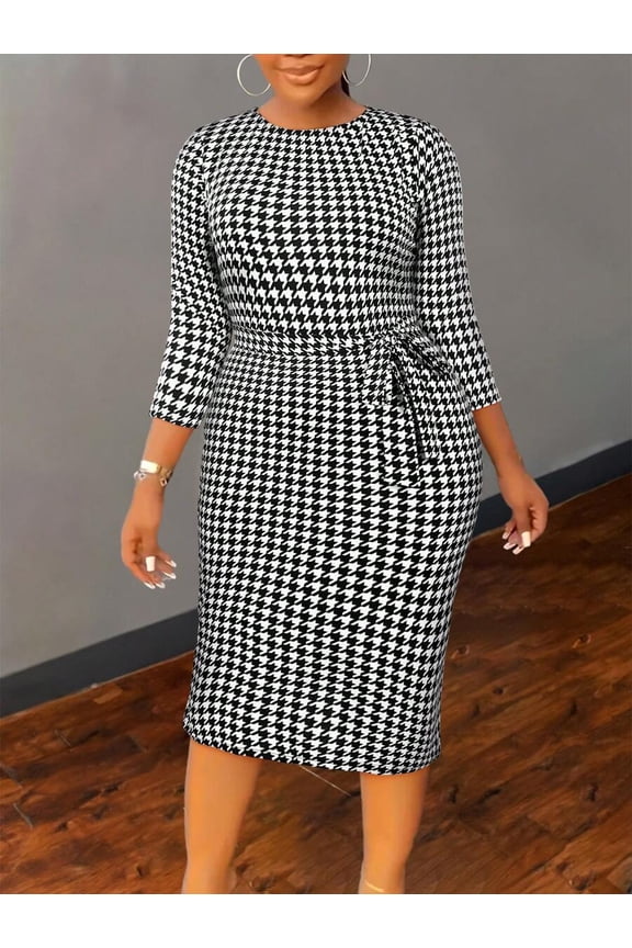 Black And White Houndstooth Print Fitted Midi Dress With Self-Tie Waist, Elegant Plus Size