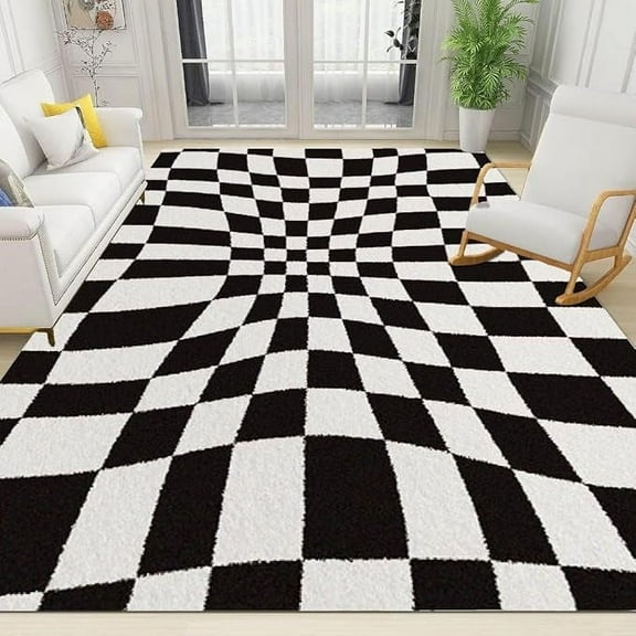 Black And White Illusion Area Rug Abstract Twisted Square Bedroom Rug Soft Non-Slip Washable Dining Room Carpet For Office Gaming Room School 5 x 8ft