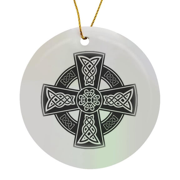 3drose, Black and White Illustration of Celtic High Cross Decorative Knotwork, Circle Porcelain Ornament