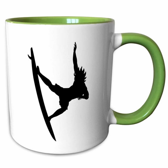 3drose, Black and White Image of a Surfer in Mid Air, Jumping the Waves Dude, 15oz Two-tone Green Mug