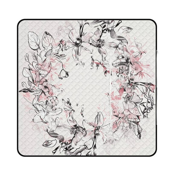 Black And White Ink Flower Outdoor Picnic Blanket, Foldable Waterproof Beach Mat, Portable Beach Blanket for Beach Camping, Hiking, Family Concerts