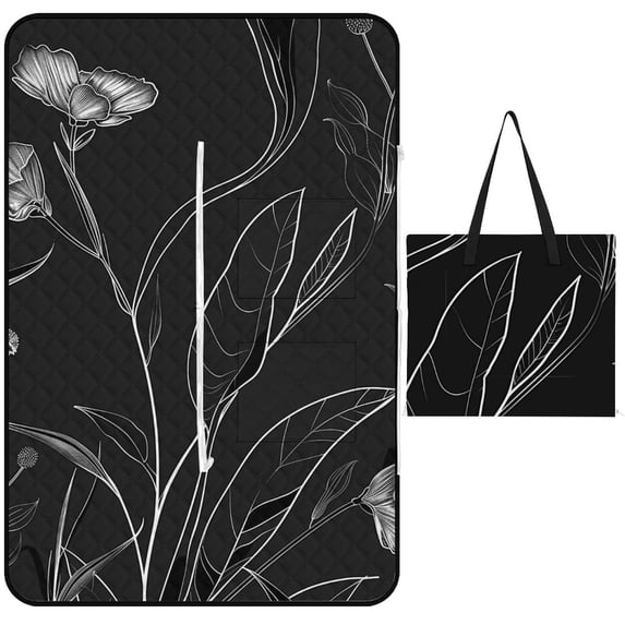 Black And White Ink Flower Picnic Blanket Waterproof Outdoor Beach Blanket Hand-held Pad Suitable for Travel, Camping, Beach, Family Gatherings