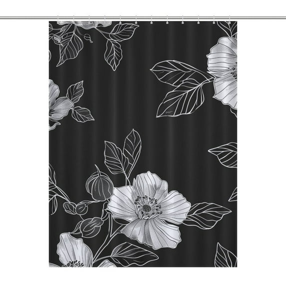 Black And White Ink Flower Shower Curtains - Bath Shower Curtain Set with 12 Hooks for Adults Kids Bathroom Decor Accessories