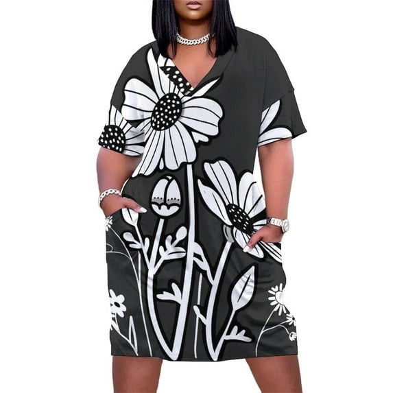 Black And White Ink Flower Summer Sundress for Curve Women Casual Pattern Plus Size V Neck Short Sleeve Loose Fit Oversize Dresses